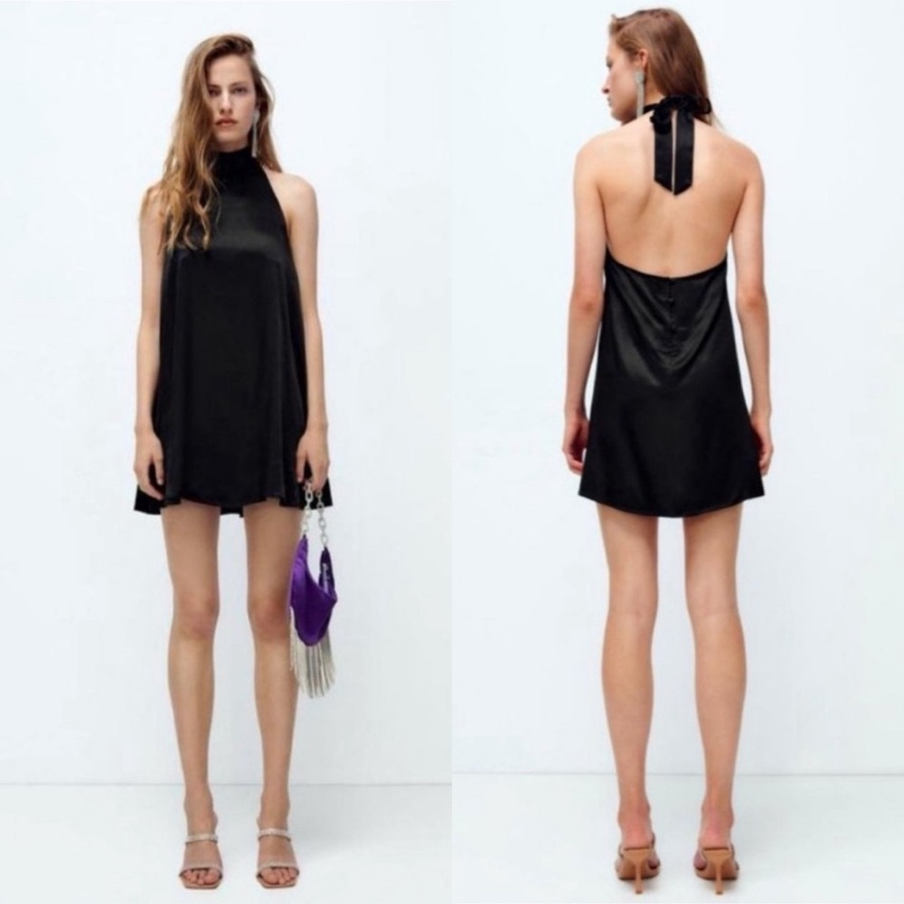 Zara Black Draped Satin Effect Halter Neck Mini Dress Size XXL